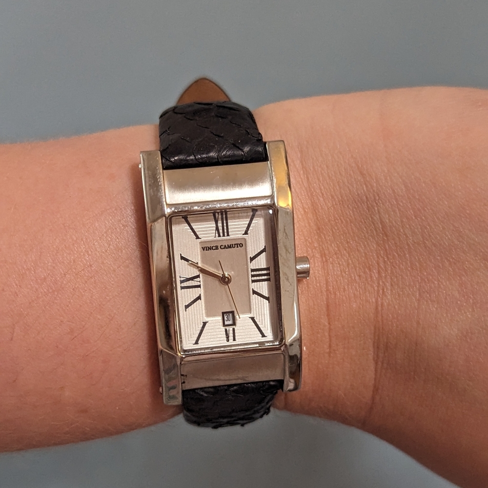 Vince Camuto Silver and Black Leather Tank Watch